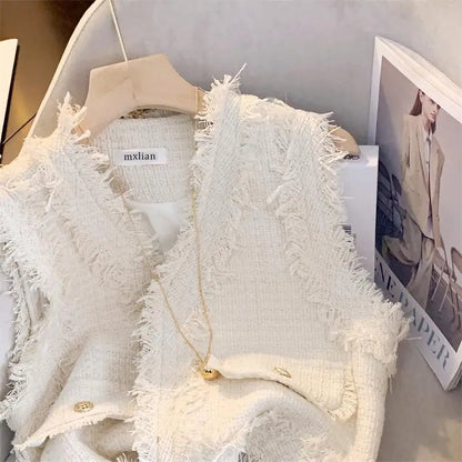 Chalecos Mujer French Fragrant Style Sleeveless Short Coat Black Tassel Vest Women Vintage Crop Top Colete Waistcoat  2024