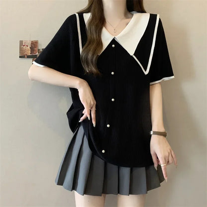 Plus Size Summer Knitted Short Sleeve T-Shirt Double Collar Polo Neck Loose Fit Meat Concealing Top for plus Size Women