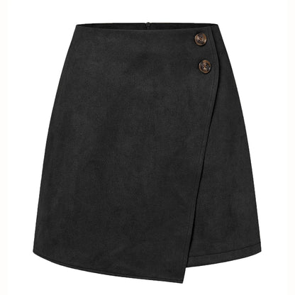New Arrival 2025 Women's Autumn Winter Suede Irregular Skirt Solid Color High Waist Zipper Button Short Skirts For Woman Black