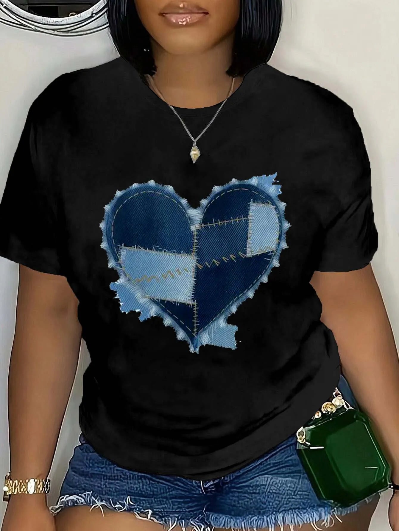 Plus Size Denim Heart Patchwork Tee Fashionable Plus Size Top With Unique Stitched Heart Design For Trendy Chic Looks black