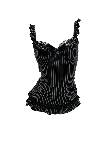 Zip Vintage Personality Tank Tops Woman's Clothing Summer Daily Stripes Camisole Y2K Popular Sexy Singlet Female Sleeveless Vest Black 2