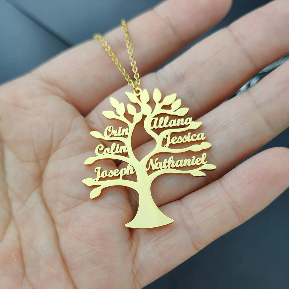 Custom Tree Of Life Name Necklace Personalized Mother Kids Family Member Names Gold Stainless Steel Pendant choker Jewelry Gifts Badiee Stylez