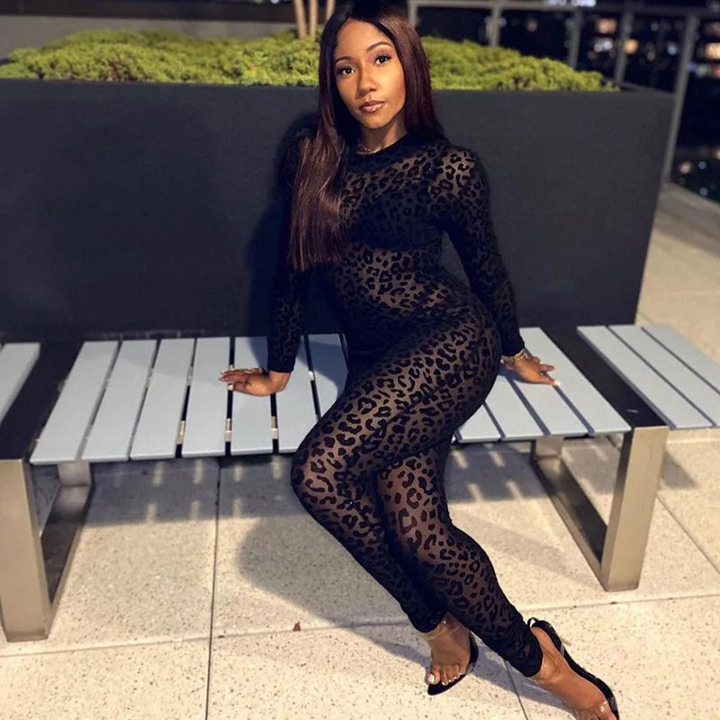 New women's Western style jumpsuit slim long sleeve sexy flocking perspective slimming jumpsuit Badiee Stylez