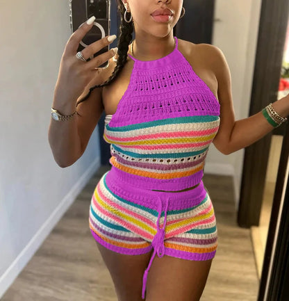 Striped Hollow Out Top & Drawstring Shorts Set Women Two Piece Set Y2k Club Beach Vest Halter Tops Elastic Waist Summer 2025