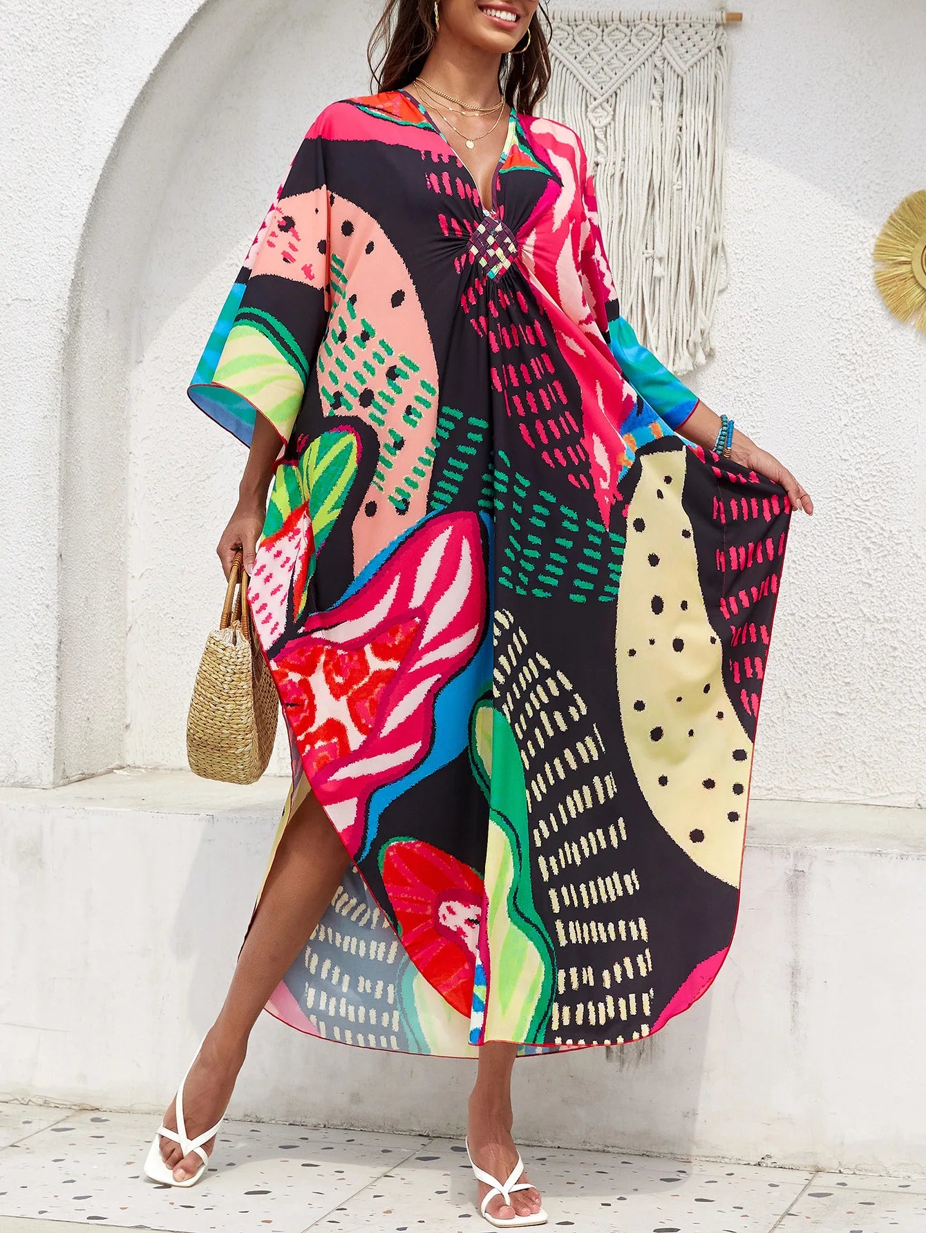 Plus Size Women Floral Print Kaftan Dresses Plus Size Swimsuit Coverup Summer Bathing Suit Caftan Loungewear Beach Dress