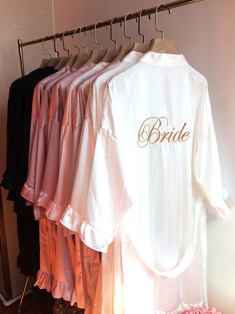 Personalized Embroidered Robe Ruffle Bridesmaids Silk Robes Bride Wedding Day Embroider Kimono Customizable Elements Kimono Robe