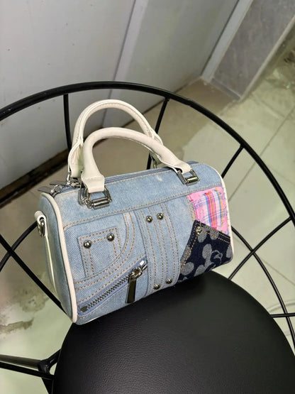 JIAERDI Retro Denim Messenger Bag Purse Women Vintage Patchwork Handle Y2k Bowling Bag Ladies Hot Girls Crossbody Hand Bags New blue