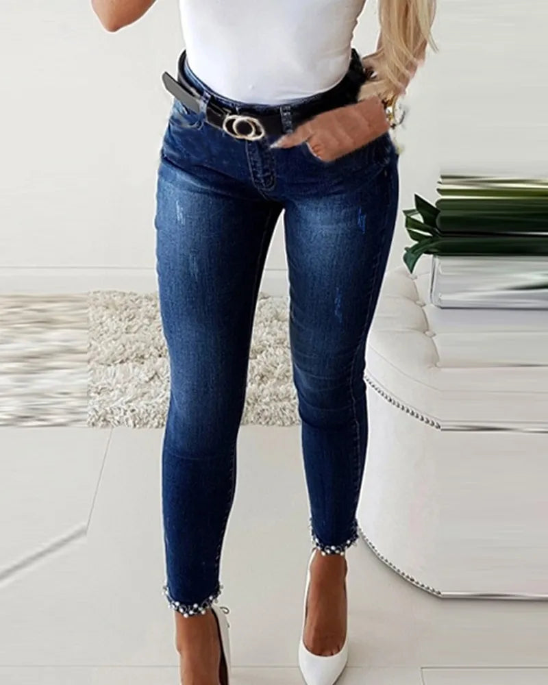 Fashion Skinny Jeans Female Summer Casual Pants Trousers Ladies Vintage High Waisted Jeans Women Bleached Women's Pencil Pants
