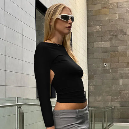 Backless Short Sleeve Blue Y2K Crop Top Women Casual O Neck Summer T Shirts Sexy Vintage Cut Out