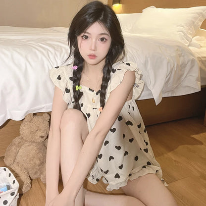 Summer Spwear Women's 2025 New Japanese Sle Fre Vest orts Woven Cotton Thin Home Clothes Set Sweet Print ort Pants Spade heart