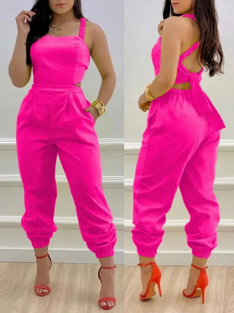 New Summer Fashion Printed Sleeveless Jumpsuit Sexy Hollow Backless Lace Up Long Jumpsuits Elegant Casual Jumpsuit With Pocket Badiee Stylez