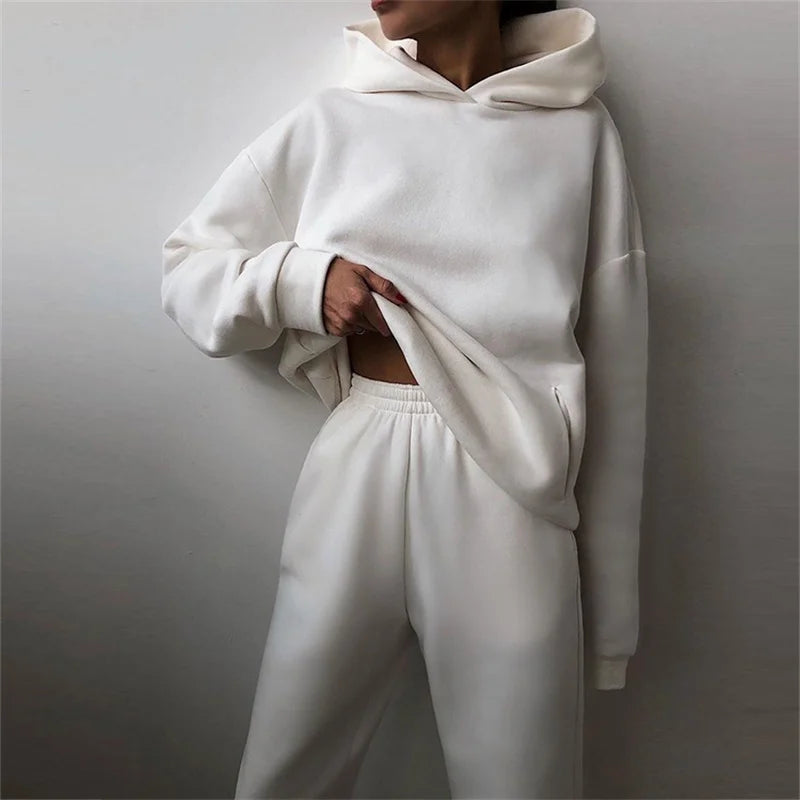Women's Tracksuit Suit Autumn Fashion Warm Hoodie Sweatshirts Two Pieces Oversized Solid Casual Hoody Pullovers Long Pant Sets White