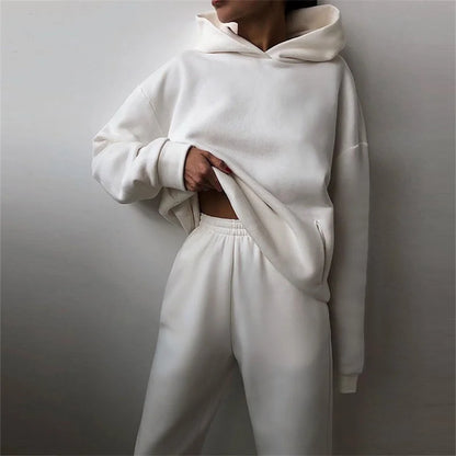 Women's Tracksuit Suit Autumn Fashion Warm Hoodie Sweatshirts Two Pieces Oversized Solid Casual Hoody Pullovers Long Pant Sets White