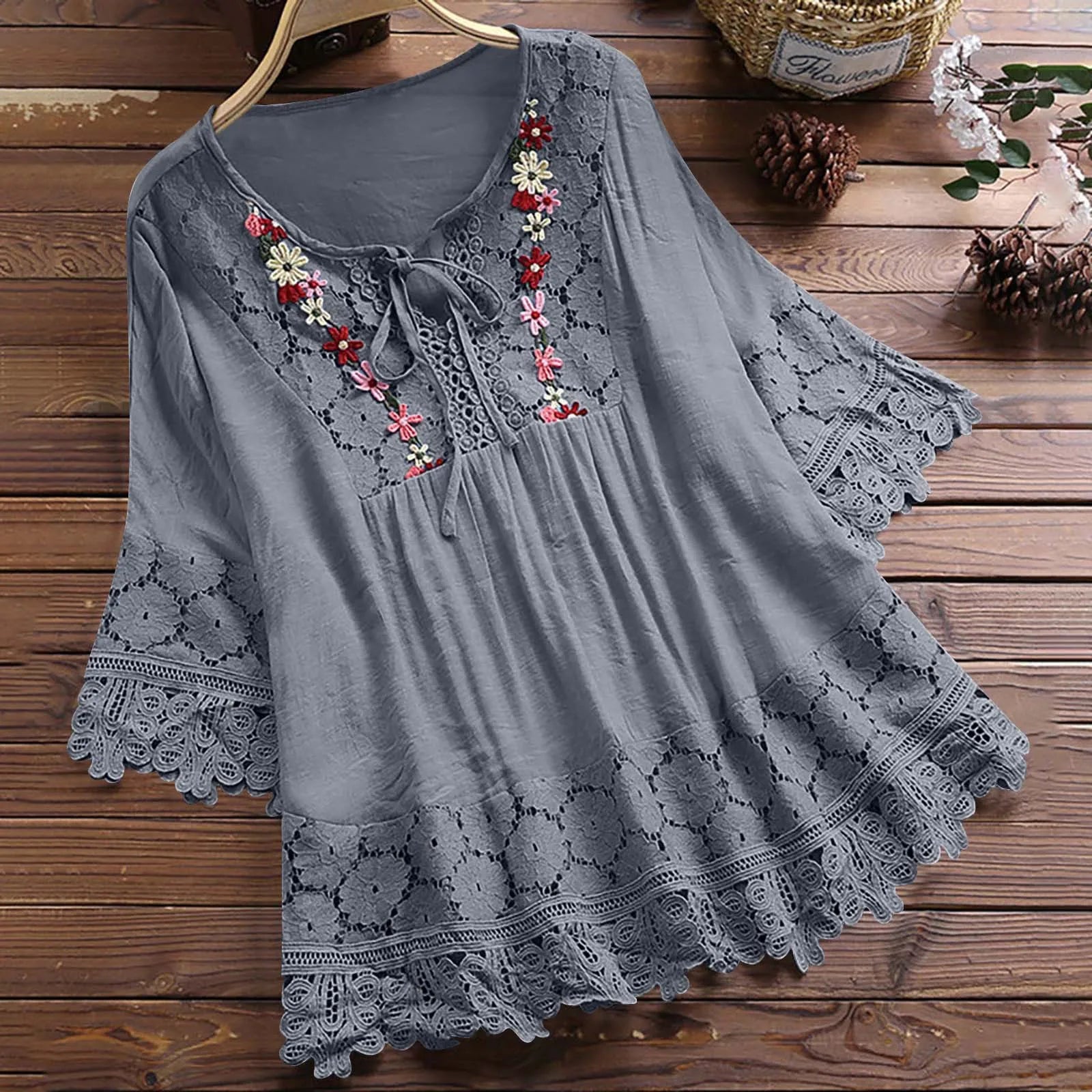 Summer Women Casual Solid Tops Shirt Cotton And Linen Stitching Lace Flower V-neck Loose Top Blouse New Elegant Holiday Shirts