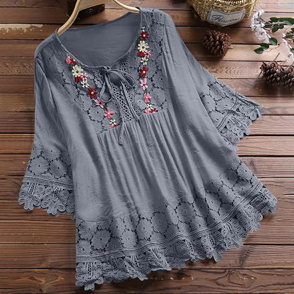 Summer Women Casual Solid Tops Shirt Cotton And Linen Stitching Lace Flower V-neck Loose Top Blouse New Elegant Holiday Shirts