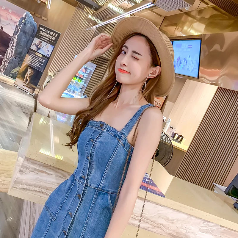 Denim Dress Summer Spaghetti Strap Sundress Vintage Casual Solid Retro Chic Sexy Jeans Button Front Blue Party Dress Women 2022