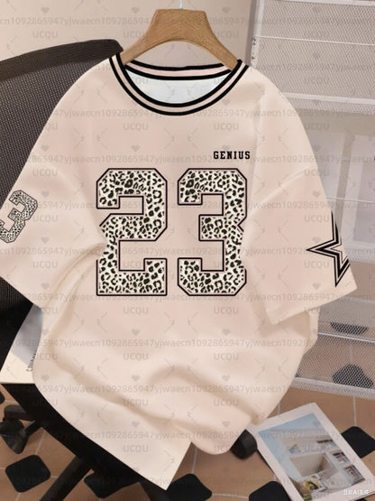 Women's Letter Leopard NO.23 Print Round Neck Short Sleeve T-Shirt Summer Graphic Tee Plus Size Sport T-Shirt