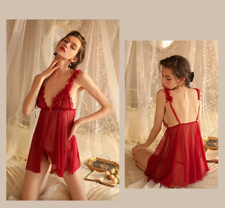 Sexy Lace Lingerie Women's Summer Thin Transparent Tops Gauze Attractive Home Clothes Temptation Women Pajamas Set Nightgown