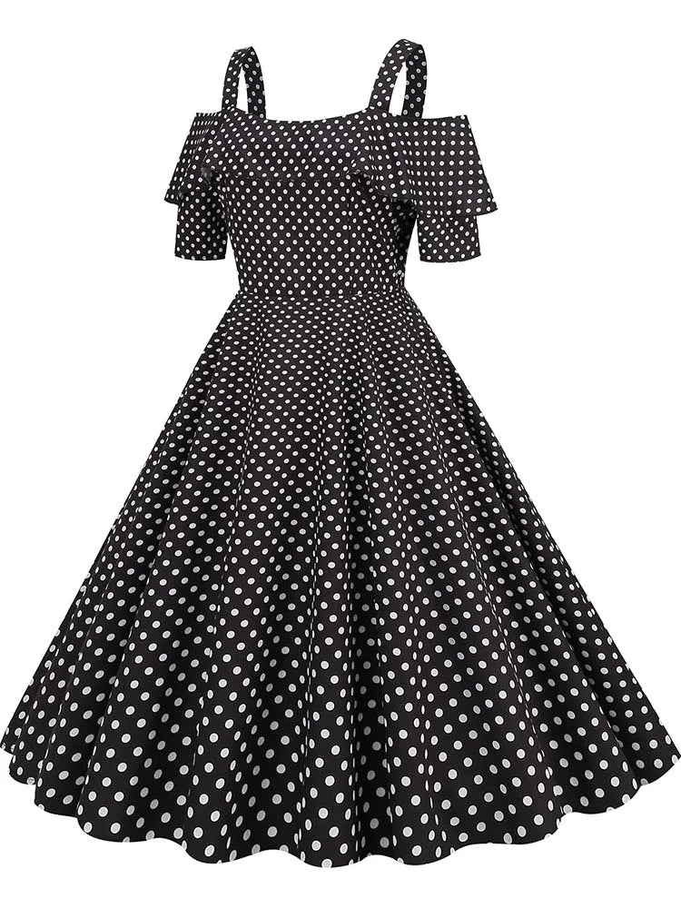 Off the Shoulder Elegant Vintage Party Dress Women Summer Polka Dot Ruffles A Line Midi Dresses