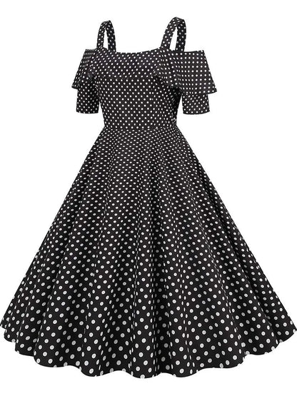 Off the Shoulder Elegant Vintage Party Dress Women Summer Polka Dot Ruffles A Line Midi Dresses Badiee Stylez