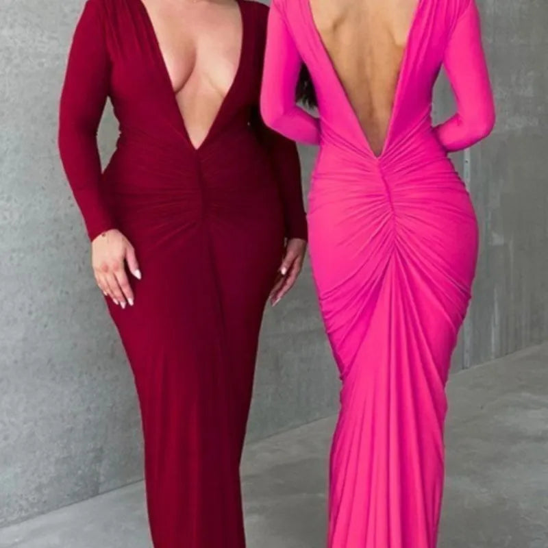 Women Sexy Elegant Long Dress Long Sleeve Backless Bodycon Slit Dress Autumn Evening Party Dresses Female Badiee Stylez