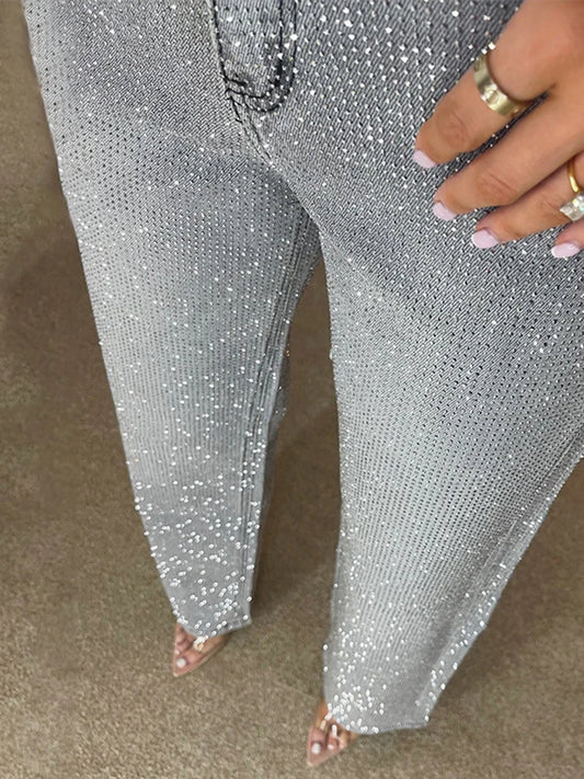 Y2k Women Shiny Rhinestone Denim Pants Wide Leg Straight Full Diamond Jeans for Female Dragging High Street Outwear Trousers