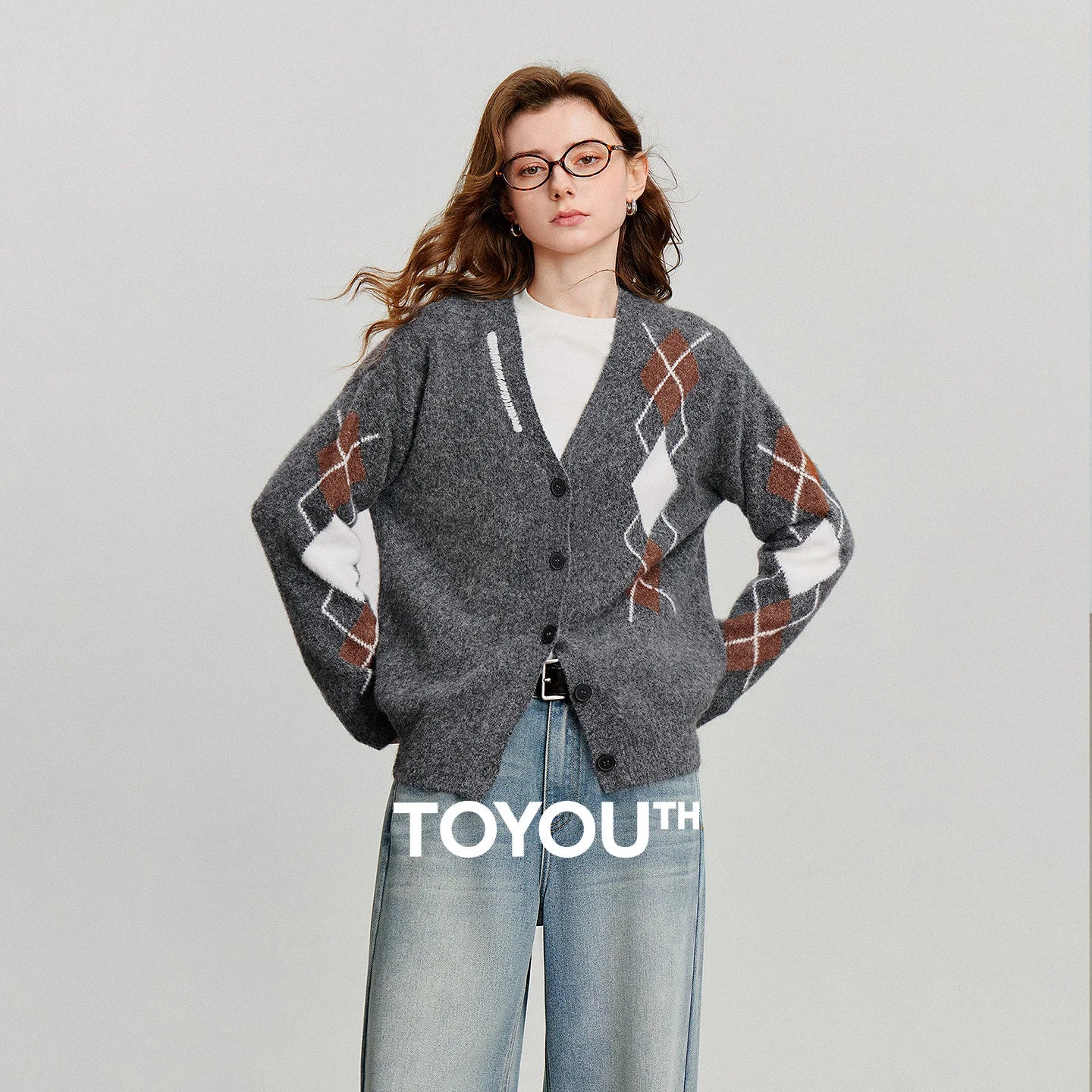 TOYOUTH Women Knitted Sweater 2025 Autumn New Grid Pattern V Neck Single Breasted Button Knitted Cardigan Coat Gray