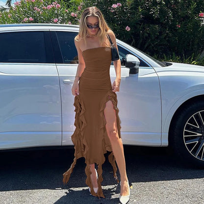 WonMiracle Elegant Strapless Dress Women Irregular Tassel 2024 Summer Trend Skinny Split Maxi Bodycon Party Dress For Women