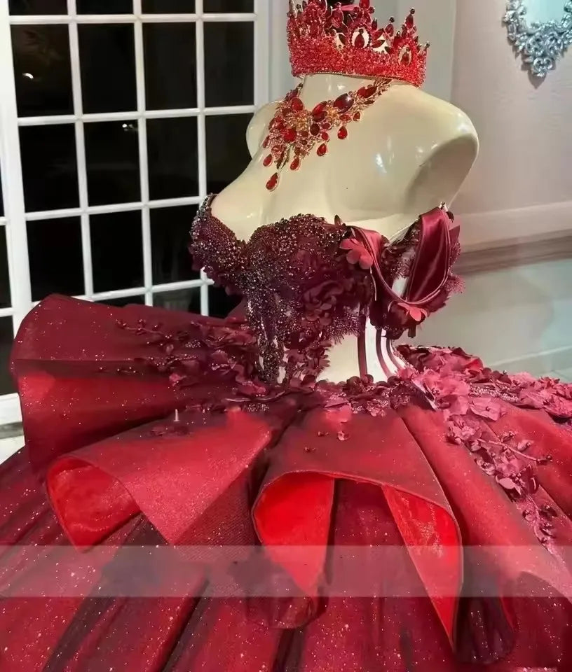 ANGELSBRIDEP Glittering Burgundy Quinceanera Dress Beading Lace Flower Birthday Party Court Train Vestidos De 15 Anos Customized Badiee Stylez