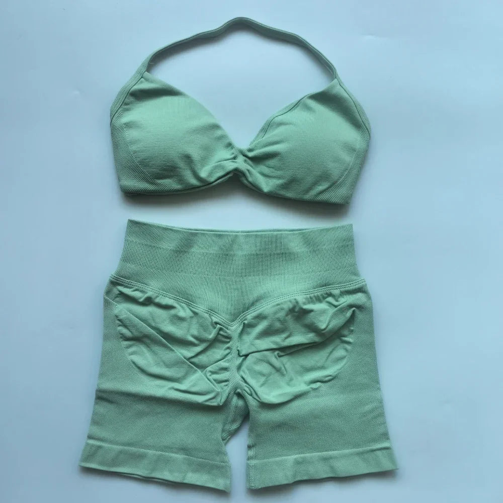 NO LOGO 2PCS Gym Set Women Strappy Yoga Bra Top High Waist Workout Scrunch Shorts Sports Suit Seamless Yoga Set Fitness Clothes Badiee Stylez