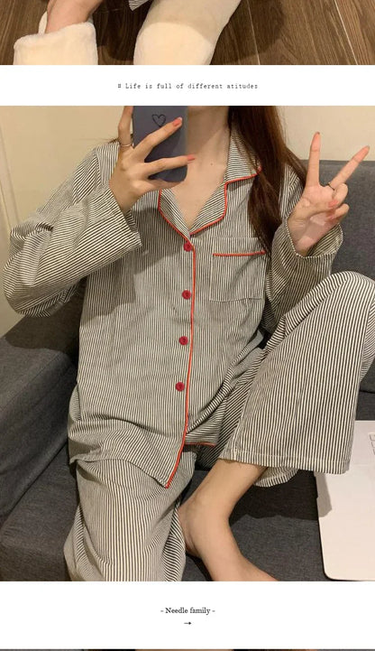 2PCS/Set Women's Long Sleeve Loose Breathable Student Sleepwear Loungewear Cardigan Gray Striped Girl Fashion Pajamas Homewear