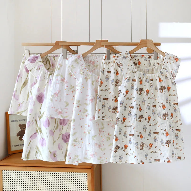 2025 Women's New Summer Pajama Set 100% Cotton Crepe Vest+Shorts Two Piece Loose Home Clothing Set Sleepwear Ladies