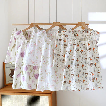 2025 Women's New Summer Pajama Set 100% Cotton Crepe Vest+Shorts Two Piece Loose Home Clothing Set Sleepwear Ladies