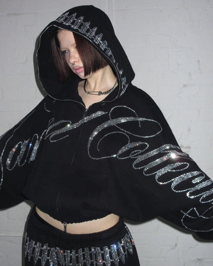 Vintage 2000s Cropped Hoodie Y2K Womens Hip Hop Letters Shine Rhinestone Oversized Zipper Hoodie Sweatshirt Casual Jacket
