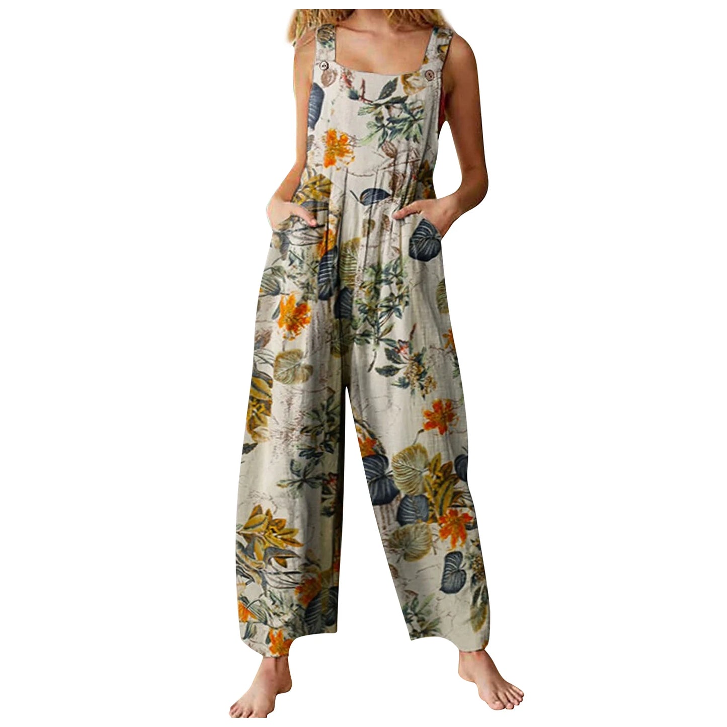 5XL Women Jumpsuit Vintage Leaf Floral Print Square Neck Sleeveless Rompers Overalls with Pockets Y2k Harajuku Streetwear Yellow