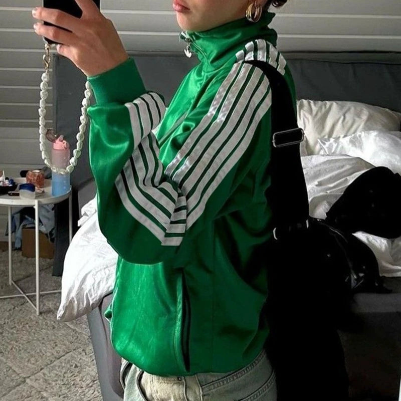 Women Sporty Zip Up Side Striped Jacket Autumn Casual Mock Neck Motorcycle Coats Tops Teen Girls Fashion Long Sleeve Sweatshirts