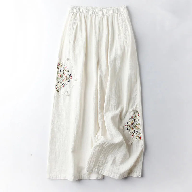 Summer Cotton Linen Cropped Pants Women Casual Thin Vintage Ethnic Bottom Embroidered Wide Leg Pants Woman Clothes Trousers White