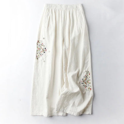 Summer Cotton Linen Cropped Pants Women Casual Thin Vintage Ethnic Bottom Embroidered Wide Leg Pants Woman Clothes Trousers White