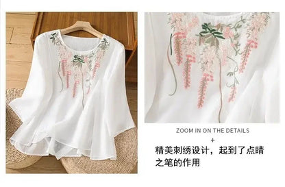 Thin Streetwear Vintage Clothes Ethnic Style Cotton Linen Shirts for Women Clothing Top Tshirt Tees Fashion Casual Embroidery