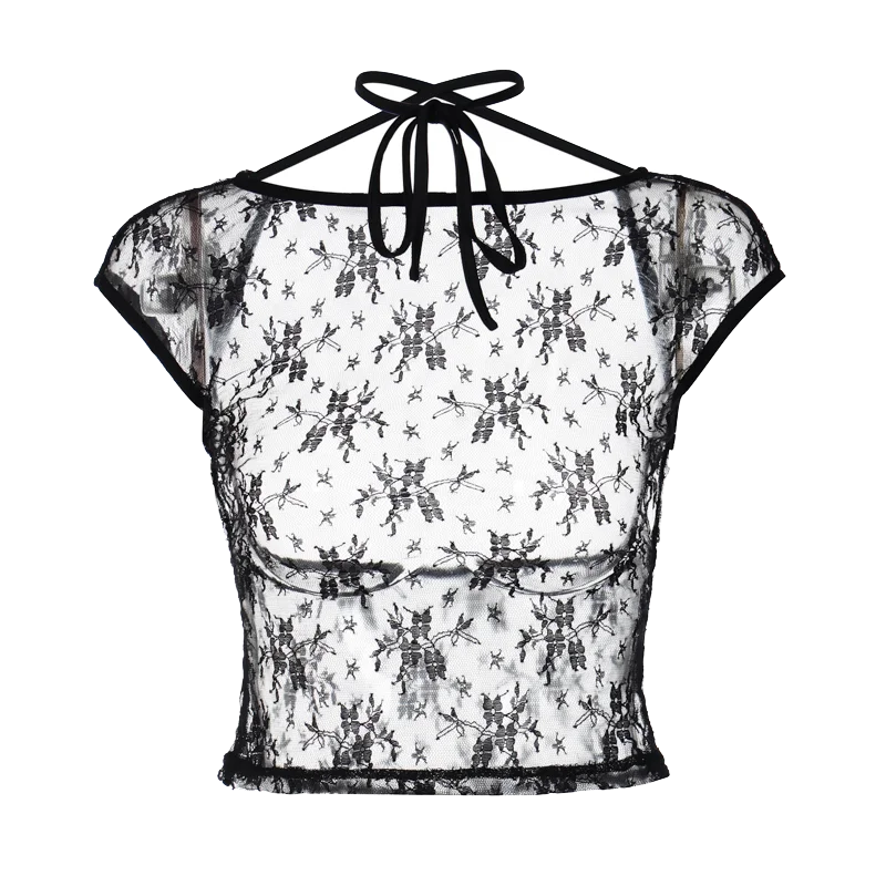 Hugcitar Mesh Short Sleeves Backless Black Lace Up See Through Sexy Crop Top T-Shirt 2024 Spring Women Y2K Streetwear Nightclub