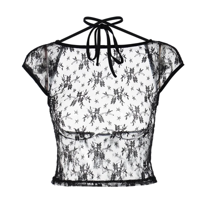 Hugcitar Mesh Short Sleeves Backless Black Lace Up See Through Sexy Crop Top T-Shirt 2024 Spring Women Y2K Streetwear Nightclub