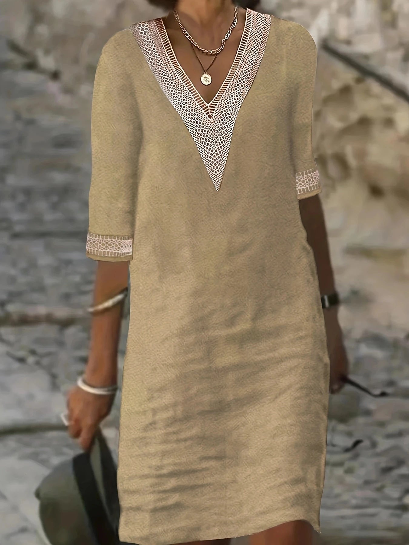 Chic Guipure Lace V-Neck Tunic Dress - Easy-Care, Knee-Length, All- Season Comfort with Stylish Hollow Details Badiee Stylez