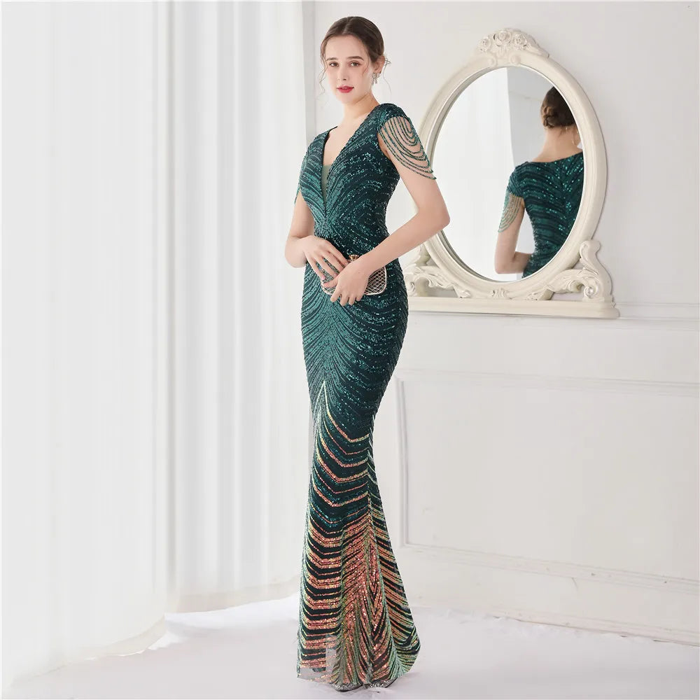 DEERVEADO Elegant V Neck Mermaid Evening Dress Long Luxury Beads Women Evening Party Dresses 2025 New Formal Dress 19085 Badiee Stylez