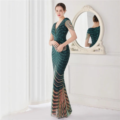 DEERVEADO Elegant V Neck Mermaid Evening Dress Long Luxury Beads Women Evening Party Dresses 2025 New Formal Dress 19085 Badiee Stylez