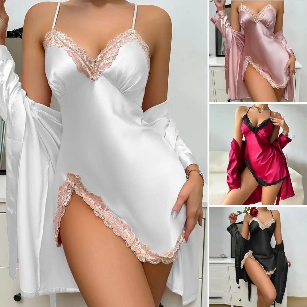 Sexy Women's Satin Silky Pajama Sets Lace Nightgown with Robe Set Cami Mini Nightdress 2 Piece Suit Chemise Sleepwear