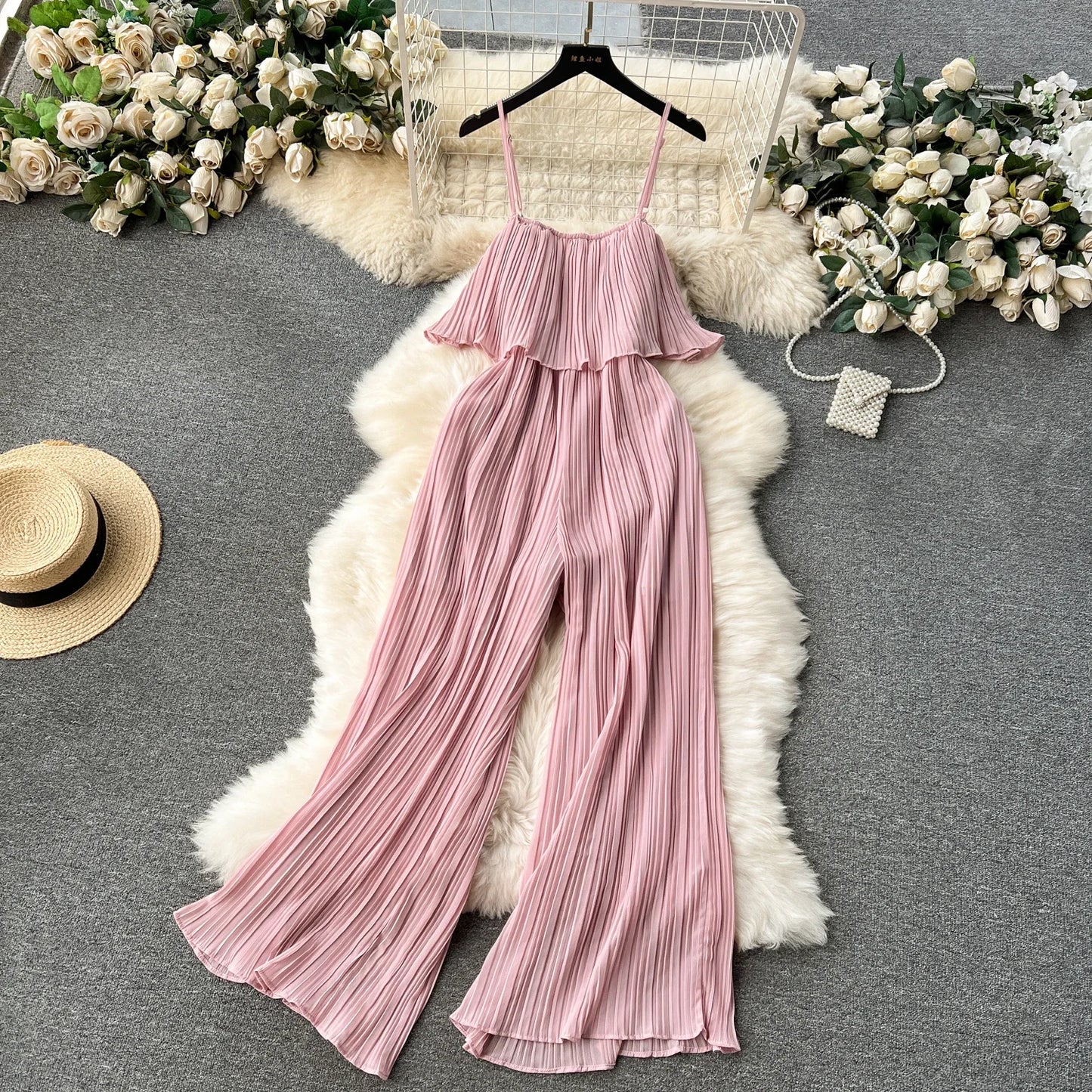 Vacation Loose Jumpsuit Strap Backless Thin Romper Streetwear Women INS One-Piece Outfit Beach Style Pleated Bodysuits Pink One Size