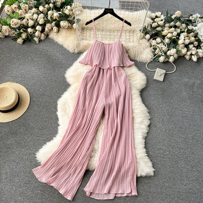 Vacation Loose Jumpsuit Strap Backless Thin Romper Streetwear Women INS One-Piece Outfit Beach Style Pleated Bodysuits Pink One Size