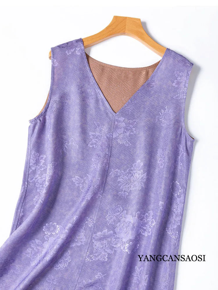 2025 Women's Summer New Luxury 100% Natural Mulberry Silk Jacquard Satin V-neck Split Double Sided Sleeveless Vest Dress Badiee Stylez