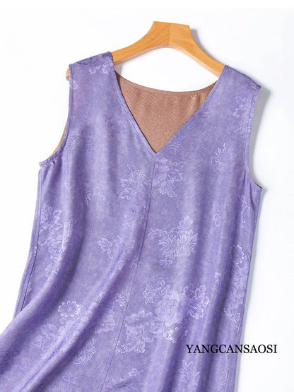 2025 Women's Summer New Luxury 100% Natural Mulberry Silk Jacquard Satin V-neck Split Double Sided Sleeveless Vest Dress Badiee Stylez