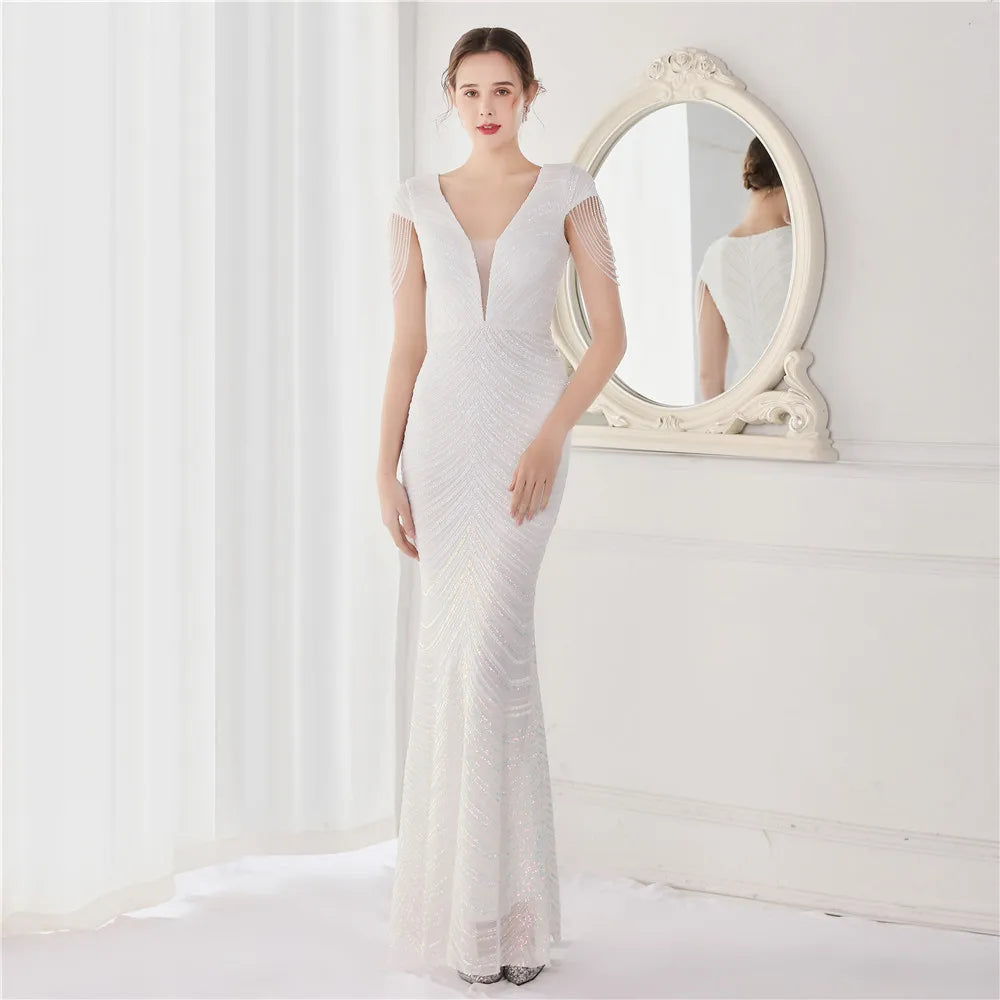 DEERVEADO Elegant V Neck Mermaid Evening Dress Long Luxury Beads Women Evening Party Dresses 2025 New Formal Dress 19085 Badiee Stylez